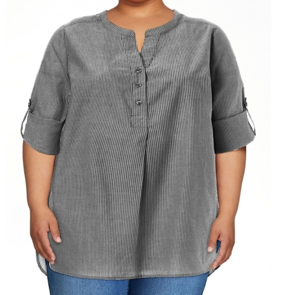 Ellos Striped Cotton Tunic Top Black White Henley Roll Tab Sleeve Popover Sz 2X